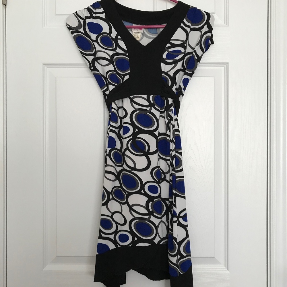 Jessie Girl White Blue Polka Dot Dress Size 14 V-Neck With Tie Back Bow